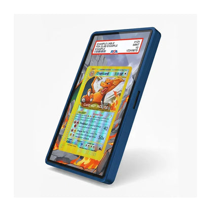A blue protective case holding a PSA-graded Charizard Pokémon trading card, shown at an angle on a light gray background.