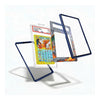 A clear acrylic protective case with a dark blue border, shown in an exploded view with three separate panels floating around a sample Pokémon card inside. The background is a clean white studio setting.