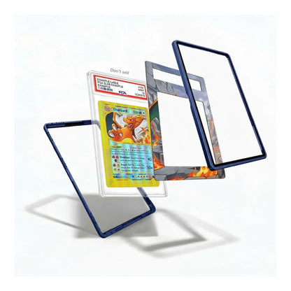 A clear acrylic protective case with a dark blue border, shown in an exploded view with three separate panels floating around a sample Pokémon card inside. The background is a clean white studio setting.