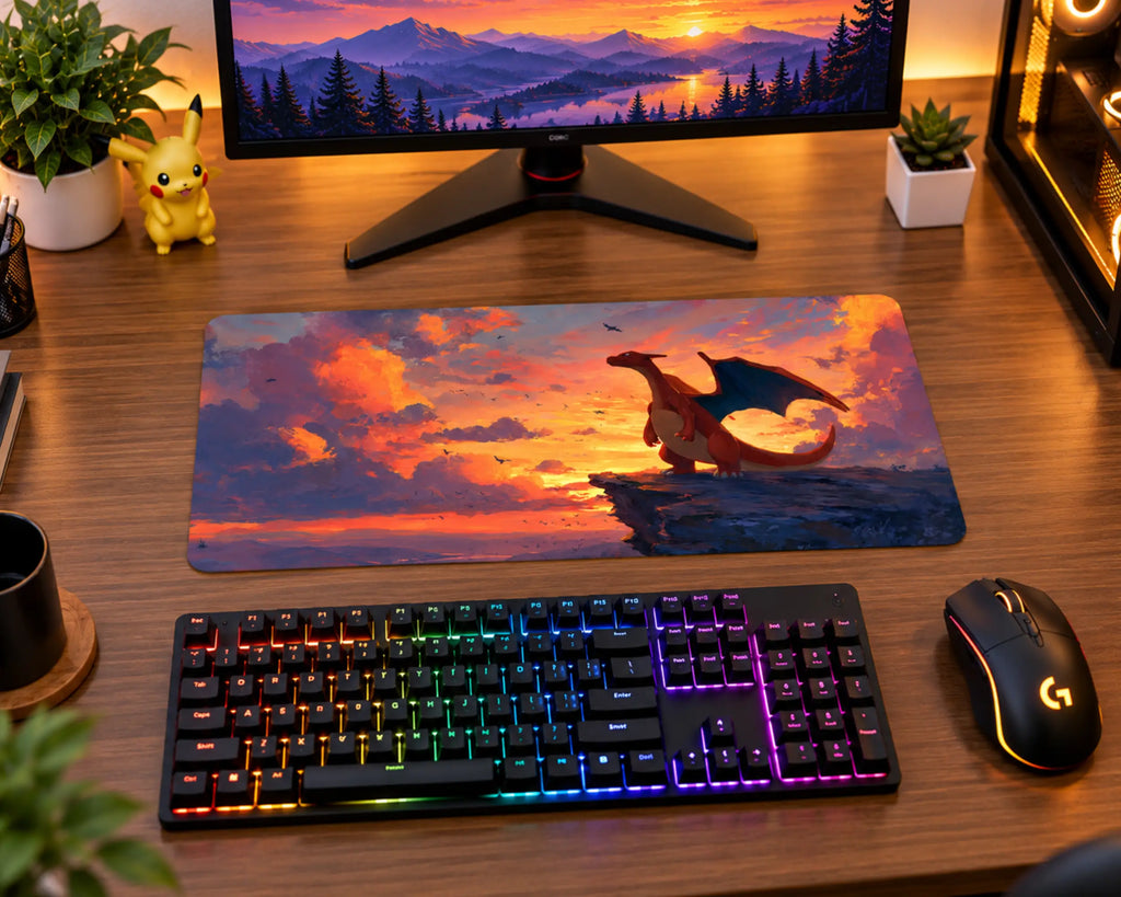 Charizard Pokemon gaming mouse pad featuring Charizard standing on a rocky cliff overlooking the ocean during a vibrant orange purple sunset with dramatic clouds and flying birds.