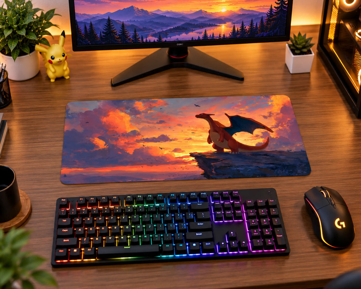 Charizard Pokemon gaming mouse pad featuring Charizard standing on a rocky cliff overlooking the ocean during a vibrant orange purple sunset with dramatic clouds and flying birds.
