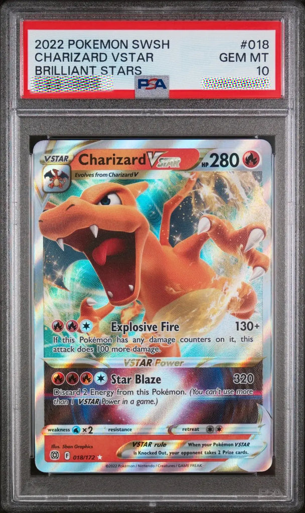 Pokémon trading card featuring Charizard VStar with a PSA grading label.