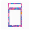 A rectangular decorative plate or frame with rounded corners, featuring a vibrant pink, blue, and purple swirl pattern. It has a small rectangular cutout at the top and a large central cutout, shown against a plain white background.
