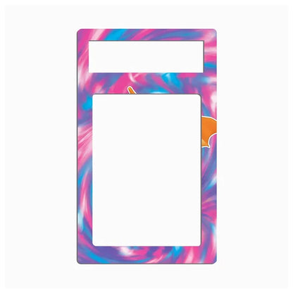A rectangular decorative plate or frame with rounded corners, featuring a vibrant pink, blue, and purple swirl pattern. It has a small rectangular cutout at the top and a large central cutout, shown against a plain white background.