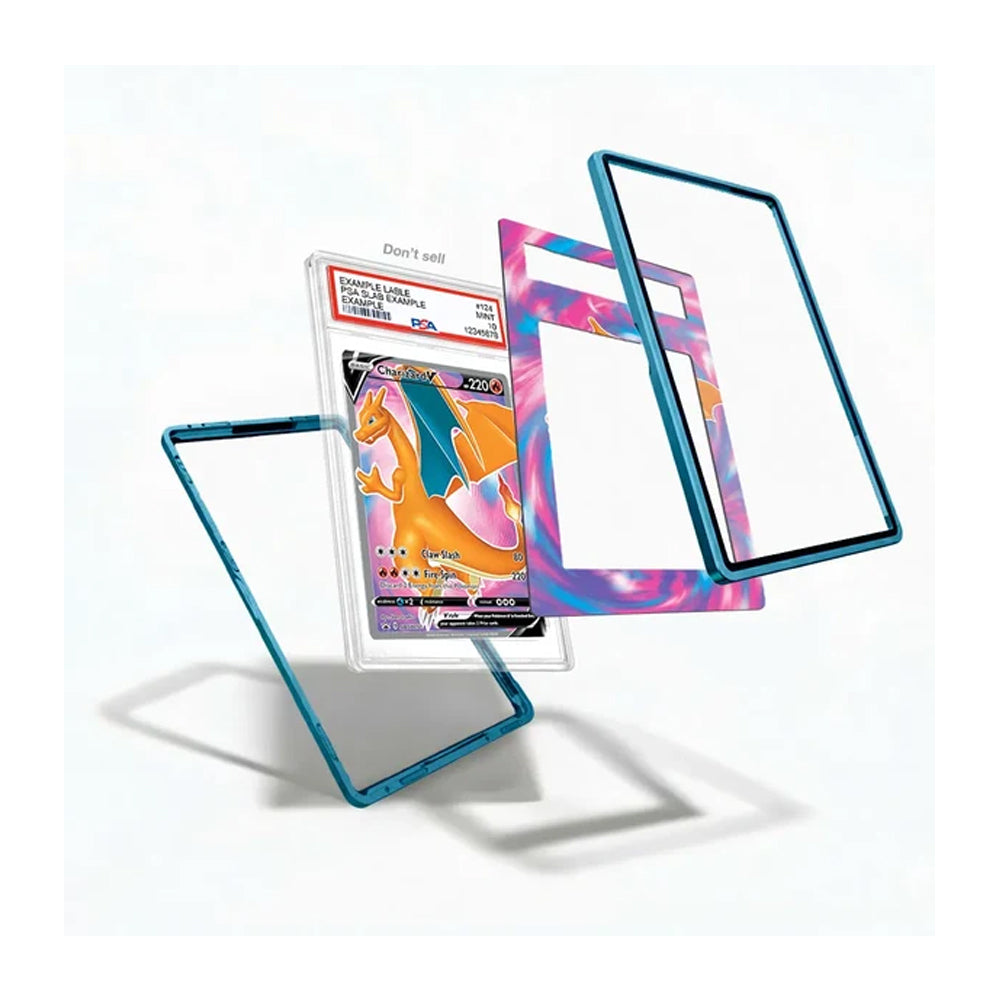 Three transparent acrylic card protectors with colorful borders are shown floating around a graded Pokémon Charizard card on a clean white background.