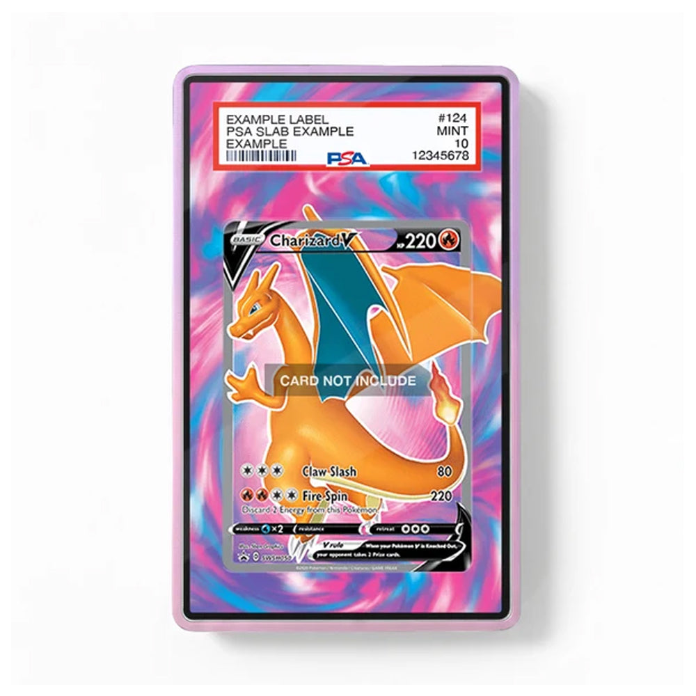 A PSA-graded protective card slab containing a Charizard holographic trading card, shown against a clean white background. The slab has a pink border and a colorful pink, purple, and blue iridescent background.