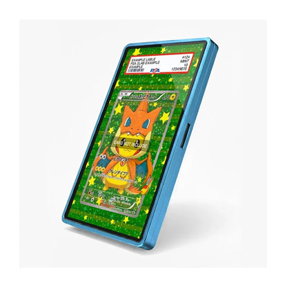 A blue protective phone case shown at an angle, featuring a custom screen print of a Charizard holographic Pokémon card on a green glittery background with yellow stars.