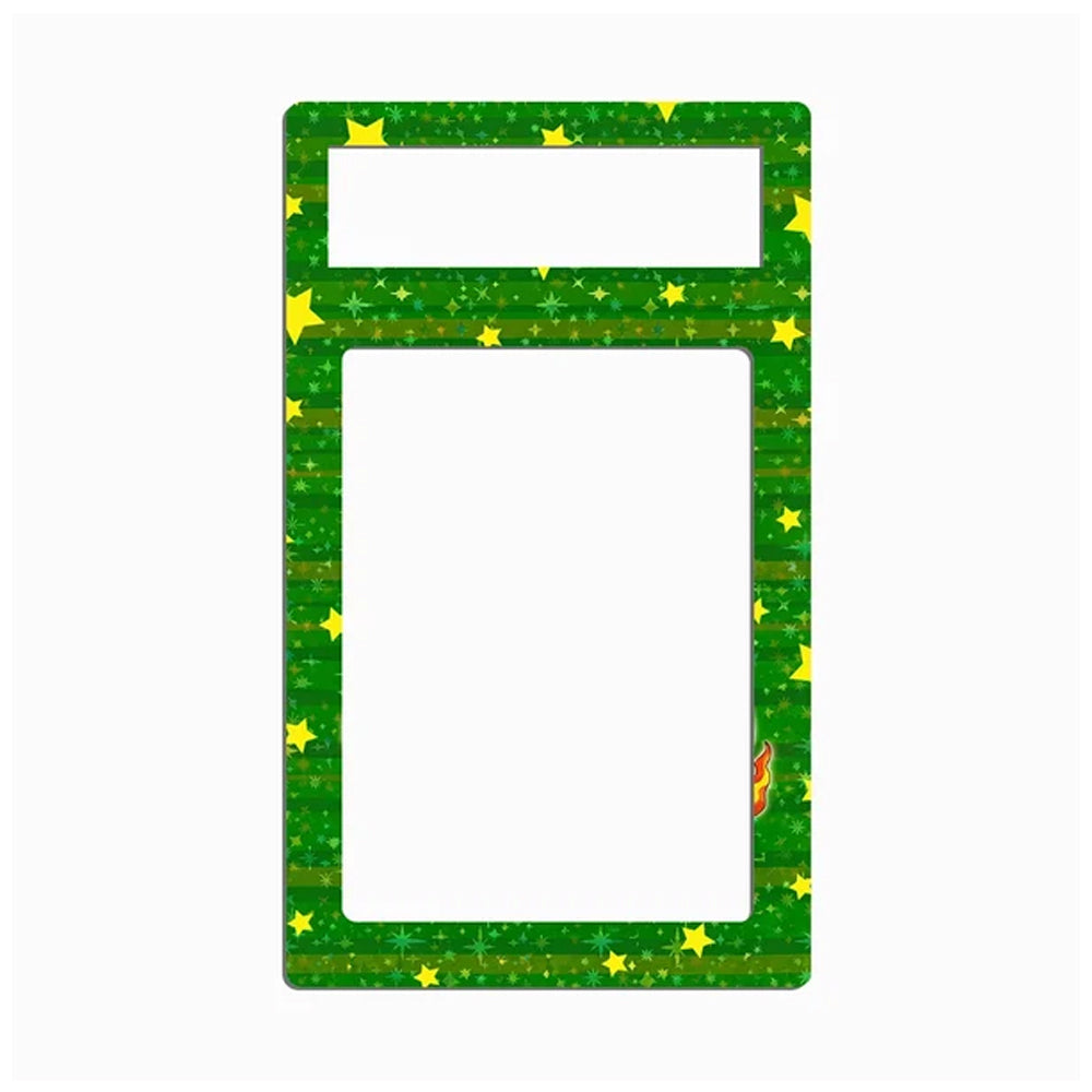 A decorative rectangular frame or border with a green glittery background, yellow star pattern, and two horizontal white cutout slots near the top, shown on a plain white background.
