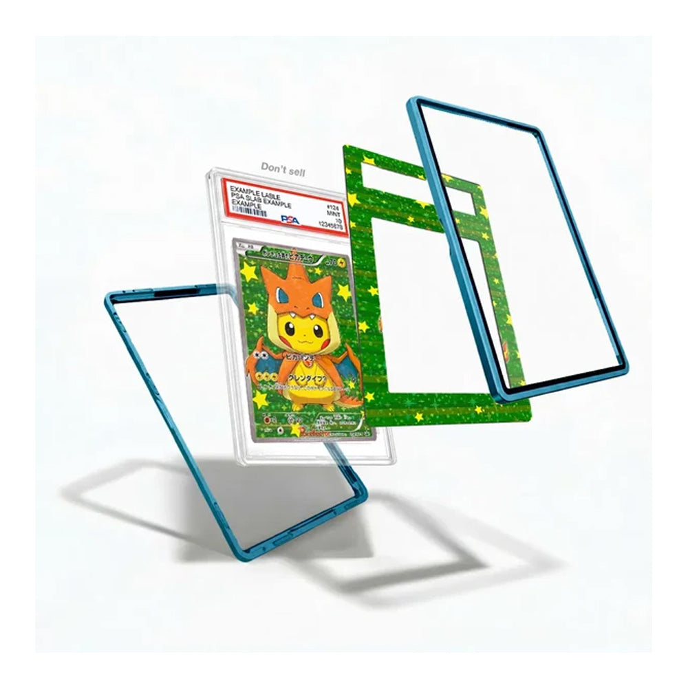 Three transparent acrylic or glass display frames with colored borders are arranged on a white background. One frame holds a graded Pokémon TCG card, and two additional frames are shown behind it.