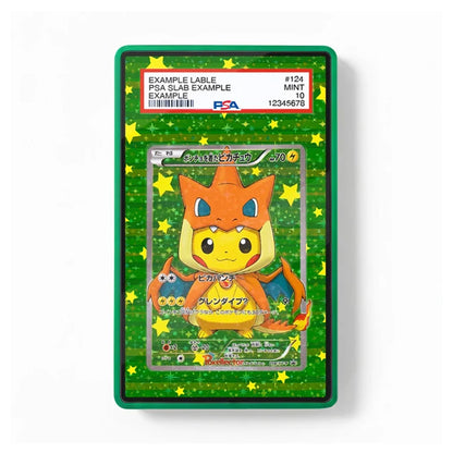 A green PSA-graded protective card sleeve for a Pokémon TCG card, featuring a glittery green starry background and a Charizard card insert, with a white PSA label at the top.