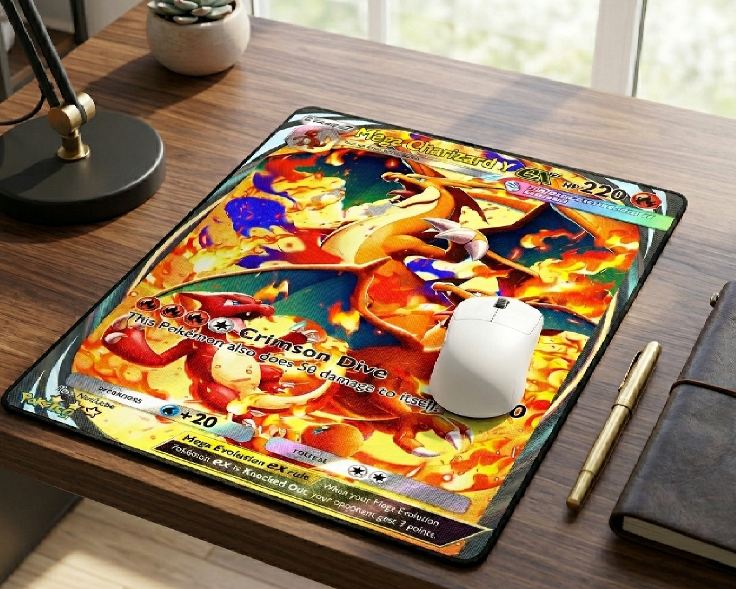 Mega Charizard Y Pokémon inspired mouse pad with bright flame artwork used on a stylish wooden office desk with wireless mouse and notebook