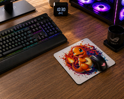 A large rectangular gaming mousepad with a colorful Yu-Gi-Oh! anime character print, shown on a wooden desk with a black gaming mouse resting on it. Surrounding the mousepad are a keyboard, monitor, PC tower with RGB lighting, and headphones.