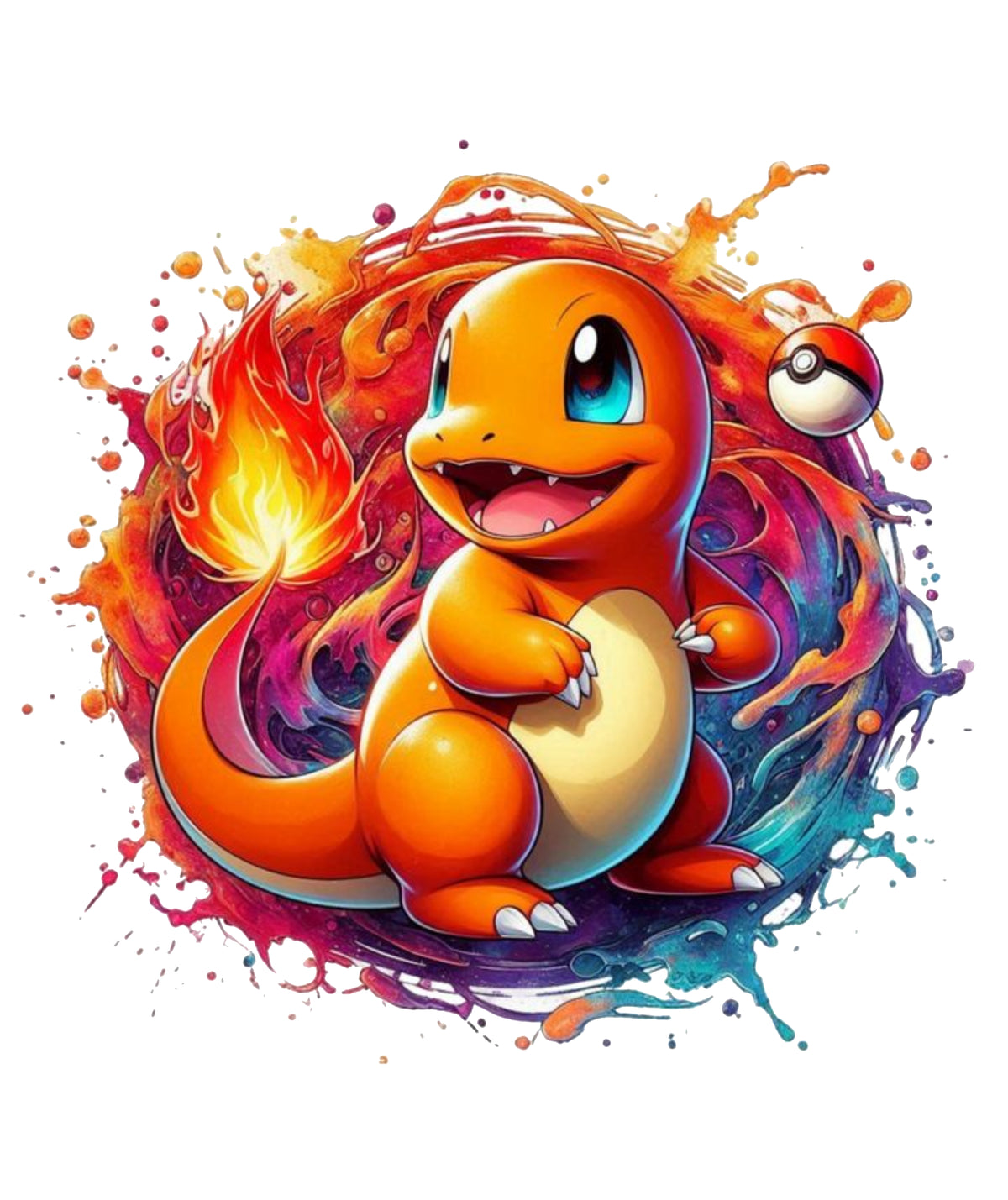Charmander illustration centered on a white background, surrounded by colorful paint splashes and a flame, with a Pokéball visible near the upper right.