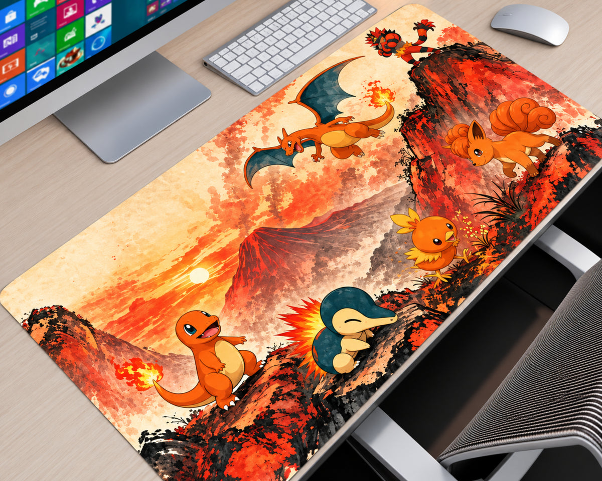Charmander Pokémon Fire-type gaming mouse pad featuring Charmander, Charizard, Cyndaquil, Torchic, and other fire Pokémon across a dramatic volcanic landscape at sunset.