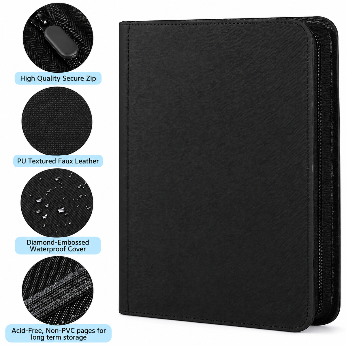 Premium 9-Pocket Zipper Card Binder | 40-Side Side-Loading Trading Card Album | 360 Card Capacity