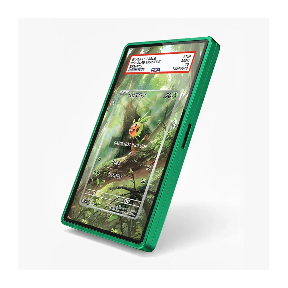 A green protective phone case shown on a smartphone, angled on a light gray background. The phone screen displays a forest-themed wallpaper with a 'CARD NOT INCLUDED' message overlay.