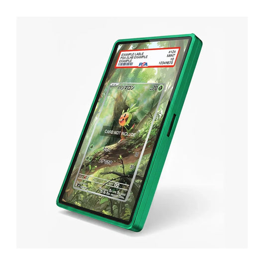 A green protective phone case shown on a smartphone, angled on a light gray background. The phone screen displays a forest-themed wallpaper with a 'CARD NOT INCLUDED' message overlay.