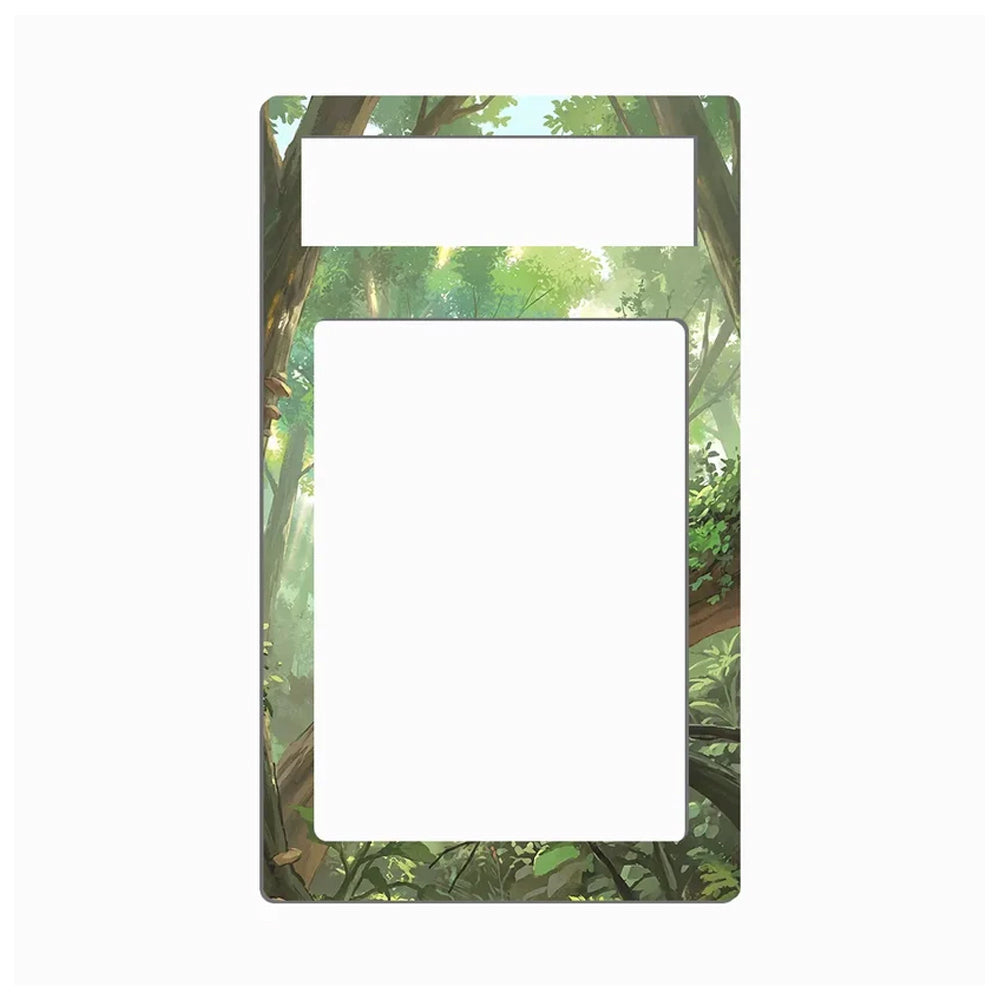 A rectangular decorative plate or frame with rounded corners, featuring an illustrated forest scene in green and brown tones around a large white center cutout and a smaller white top cutout, shown on a plain light gray background.