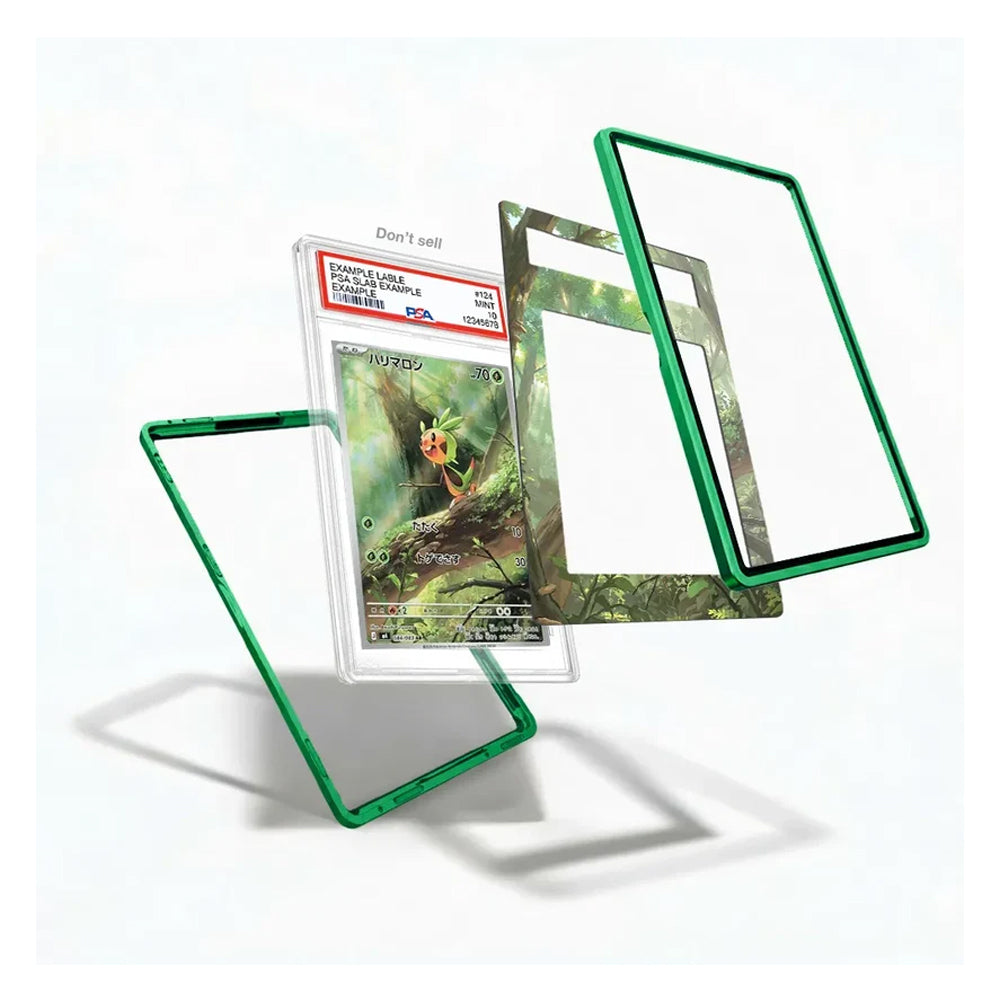 A set of custom Pokémon card sleeves and protective cases shown floating against a white background. The set includes a clear sleeve with a vibrant green border, a clear sleeve with a green camouflage pattern, a clear sleeve with a green border and black seal, and a PSA-graded holographic Pokémon card of Charizard.