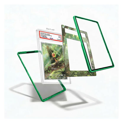 A set of custom Pokémon card sleeves and protective cases shown floating against a white background. The set includes a clear sleeve with a vibrant green border, a clear sleeve with a green camouflage pattern, a clear sleeve with a green border and black seal, and a PSA-graded holographic Pokémon card of Charizard.
