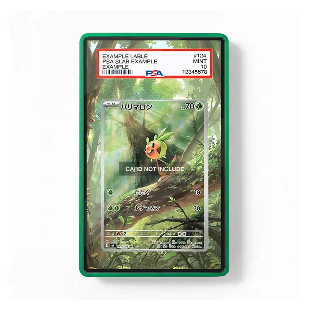 A green PSA-style card slab containing a Pokémon card, shown on a plain white background. The slab has a red header with grading text and a Pokémon-themed card insert featuring a forest scene and a small red/orange bird character.