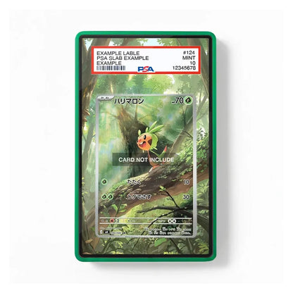 A green PSA-style card slab containing a Pokémon card, shown on a plain white background. The slab has a red header with grading text and a Pokémon-themed card insert featuring a forest scene and a small red/orange bird character.