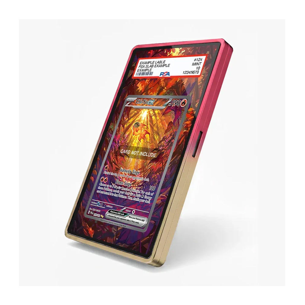 A custom-printed magnetic credit card holder with a gold-plated frame and a pink back, shown displaying a custom fantasy card design. The holder is photographed at an angle on a clean white background.