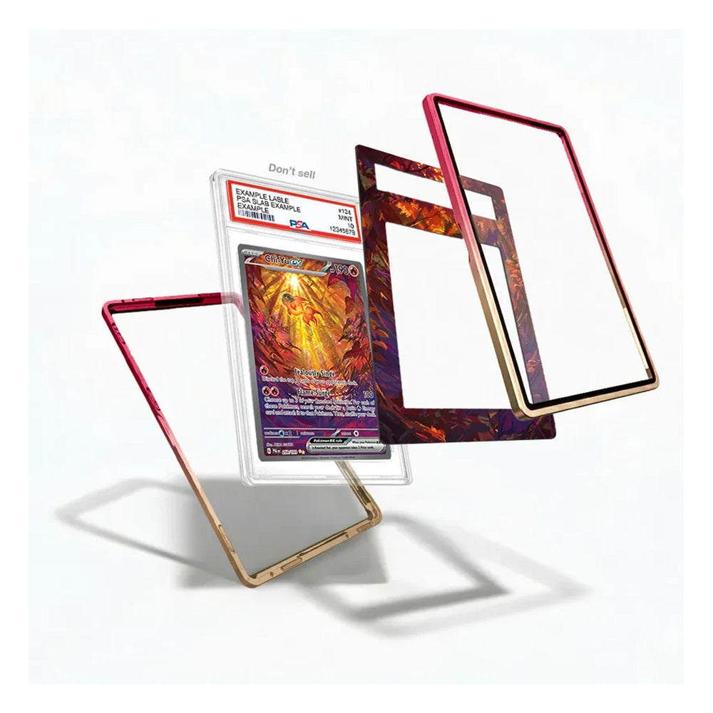 A clear protective card case with a metallic gold frame and a red inner lining, shown floating around a graded holographic Pokémon TCG card. The image displays multiple angles of the case, including one with the red lining visible and one showing the gold frame from the front, all set against a clean white background.