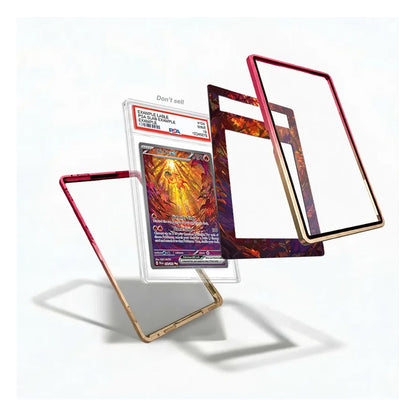 A clear protective card case with a metallic gold frame and a red inner lining, shown floating around a graded holographic Pokémon TCG card. The image displays multiple angles of the case, including one with the red lining visible and one showing the gold frame from the front, all set against a clean white background.