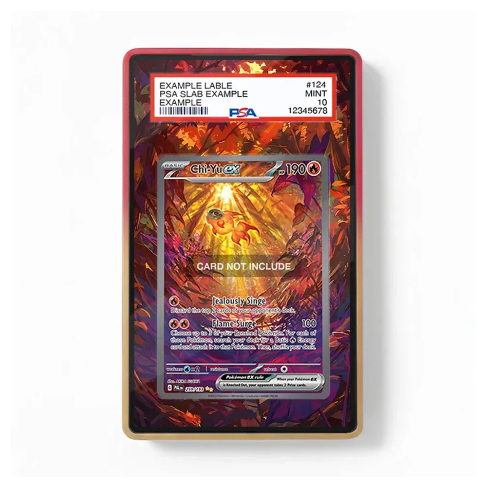 A collectible PSA slab-protected trading card featuring a stylized red and purple illustration with a visible PSA grading label at the top, photographed on a clean white background.