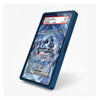 A blue protective case for a smartphone, shown at an angle with a Pokémon TCG card inside the screen. The case has a dark blue border and a small side button cutout, set against a clean white background.