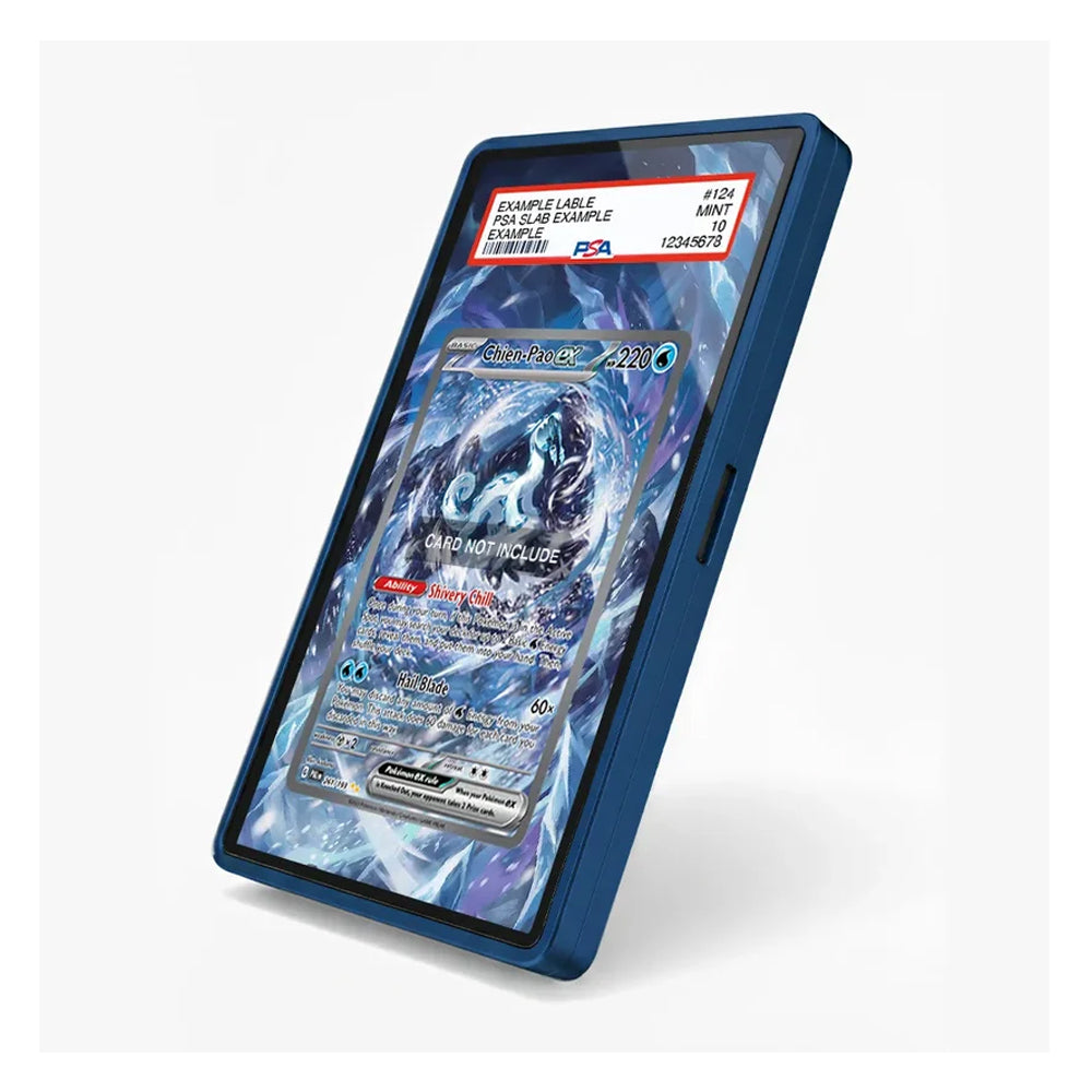 A blue protective case for a smartphone, shown at an angle with a Pokémon TCG card inside the screen. The case has a dark blue border and a small side button cutout, set against a clean white background.