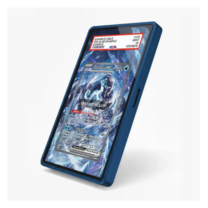 A blue protective case for a smartphone, shown at an angle with a Pokémon TCG card inside the screen. The case has a dark blue border and a small side button cutout, set against a clean white background.