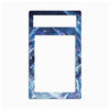 A rectangular decorative plate or frame insert with a large central cutout and a smaller cutout near the top, featuring an icy blue and purple marbled pattern on a white background.