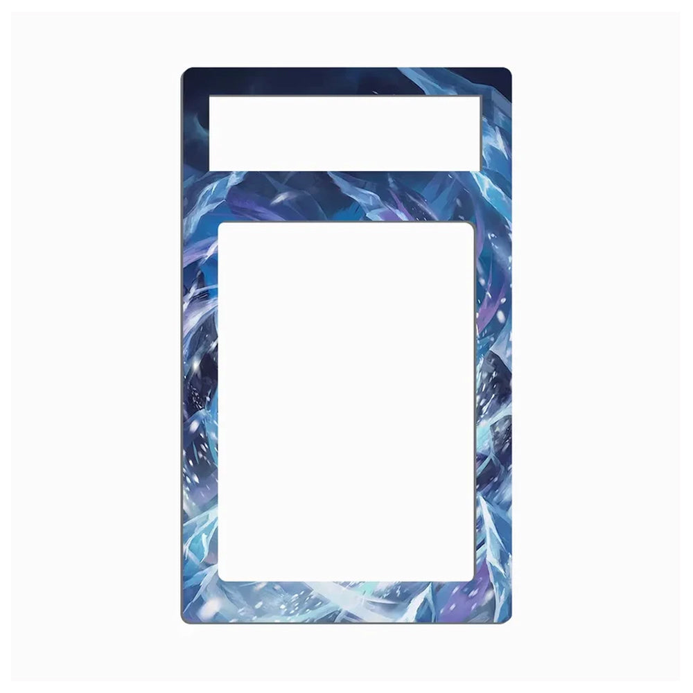 A rectangular decorative plate or frame insert with a large central cutout and a smaller cutout near the top, featuring an icy blue and purple marbled pattern on a white background.