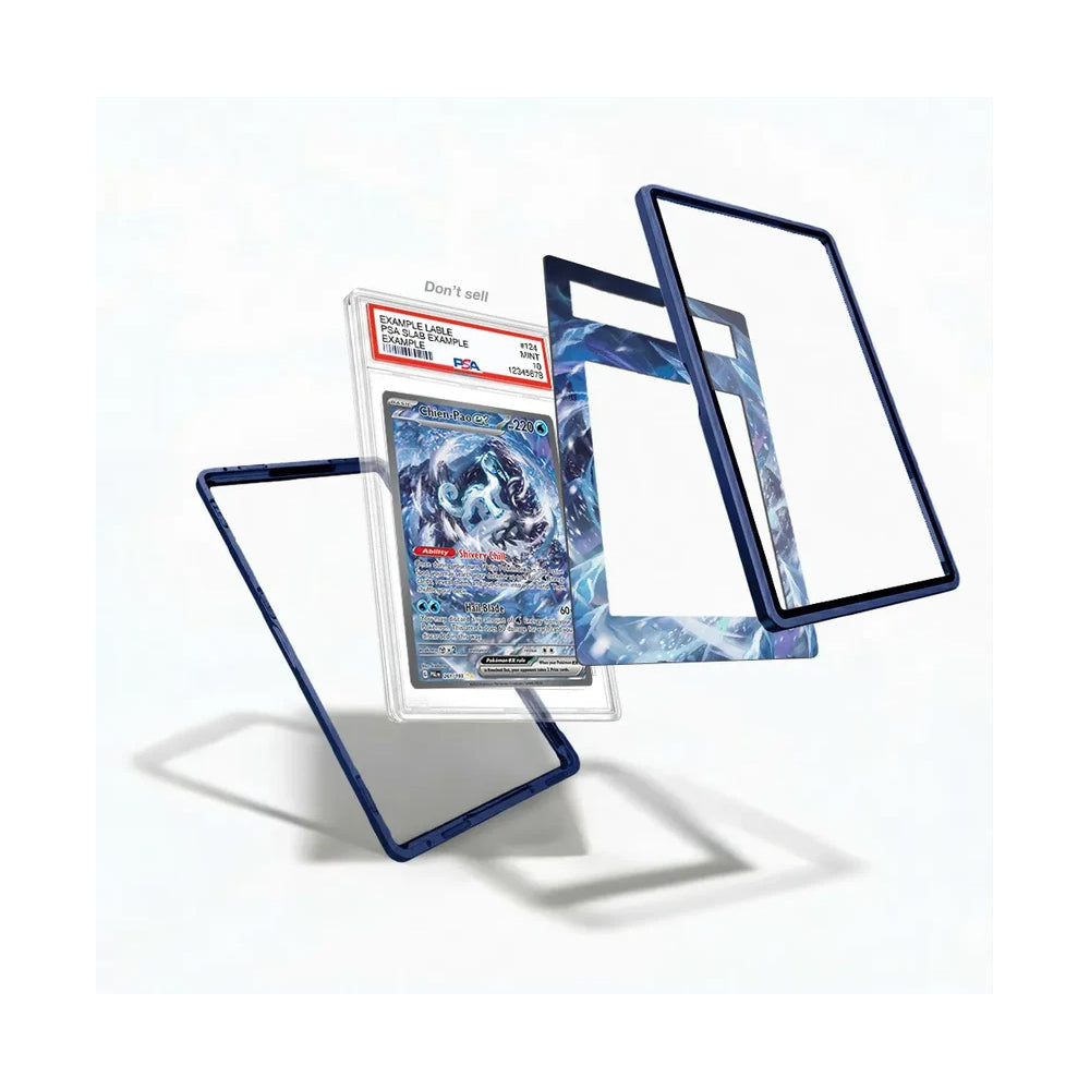 Blue acrylic card protector frames shown with a graded Pokémon TCG card inside a clear holder, on a clean white background.
