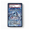 A PSA-graded display slab containing a holographic trading card, shown against a clean white background. The slab features a dark blue border and a printed blue swirling graphic.
