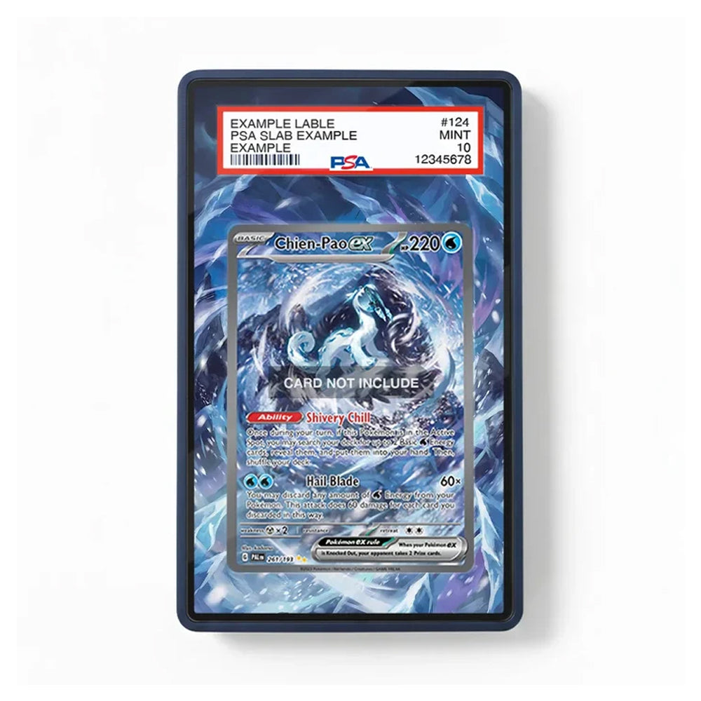 A PSA-graded display slab containing a holographic trading card, shown against a clean white background. The slab features a dark blue border and a printed blue swirling graphic.