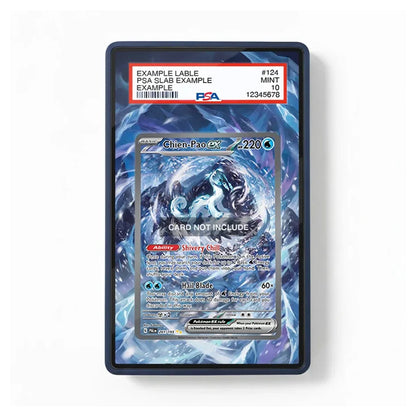 A PSA-graded display slab containing a holographic trading card, shown against a clean white background. The slab features a dark blue border and a printed blue swirling graphic.