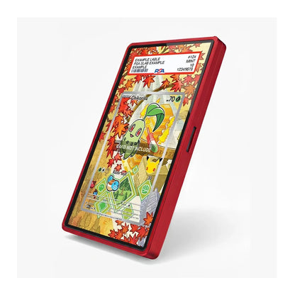 A red protective phone case shown at an angle on a light gray background, displaying a colorful Pokémon-themed screen wallpaper.