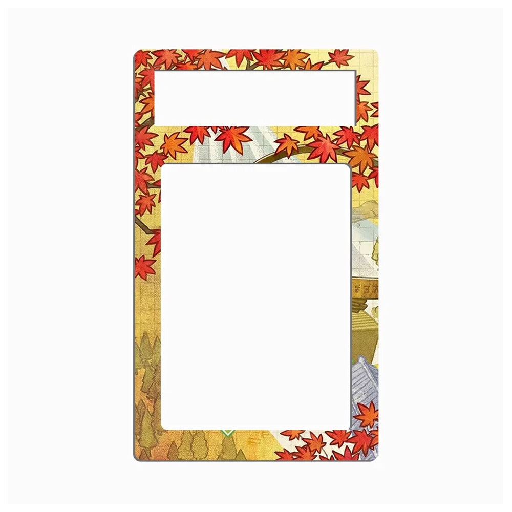 A rectangular decorative frame or mat with rounded corners, featuring a vintage-style autumn border of red and orange maple leaves on a beige background with illustrated architectural details.