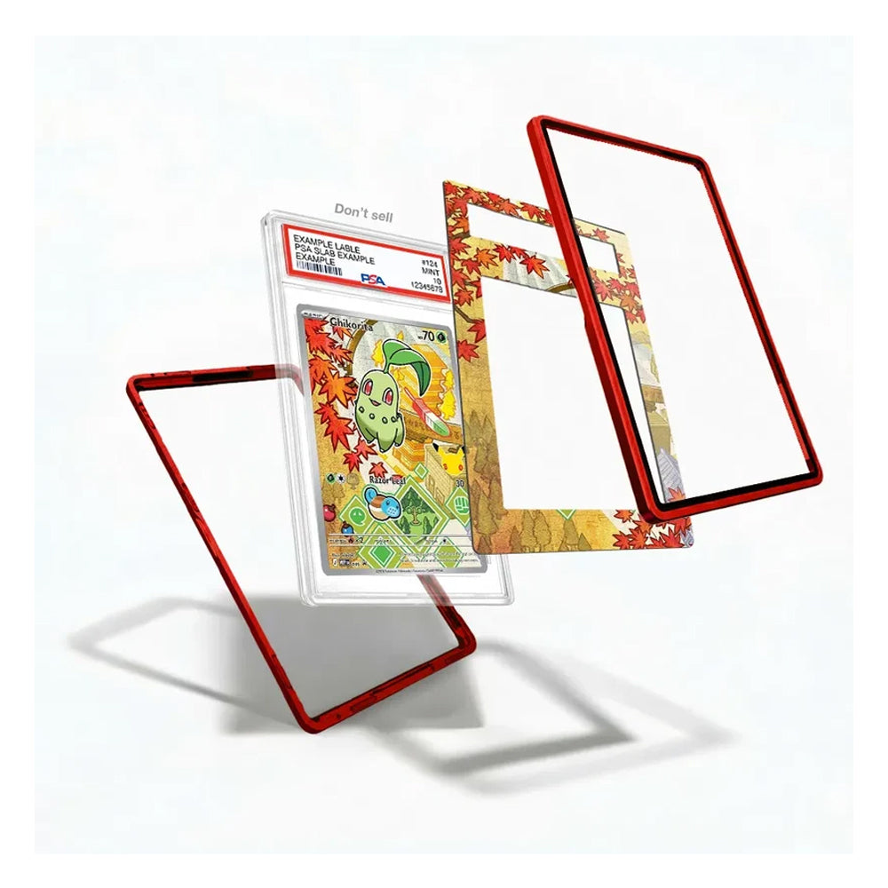 A set of custom acrylic card protectors and frames with red borders and autumn-themed designs, shown floating around a graded Pokémon TCG card on a white background.