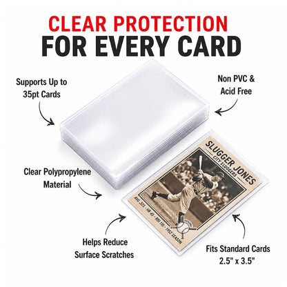 Clear plastic card protector case stack with text callouts explaining its features, including support for up to 35pt cards, non PVC and acid free material, clear polypropylene, and fit for standard cards.