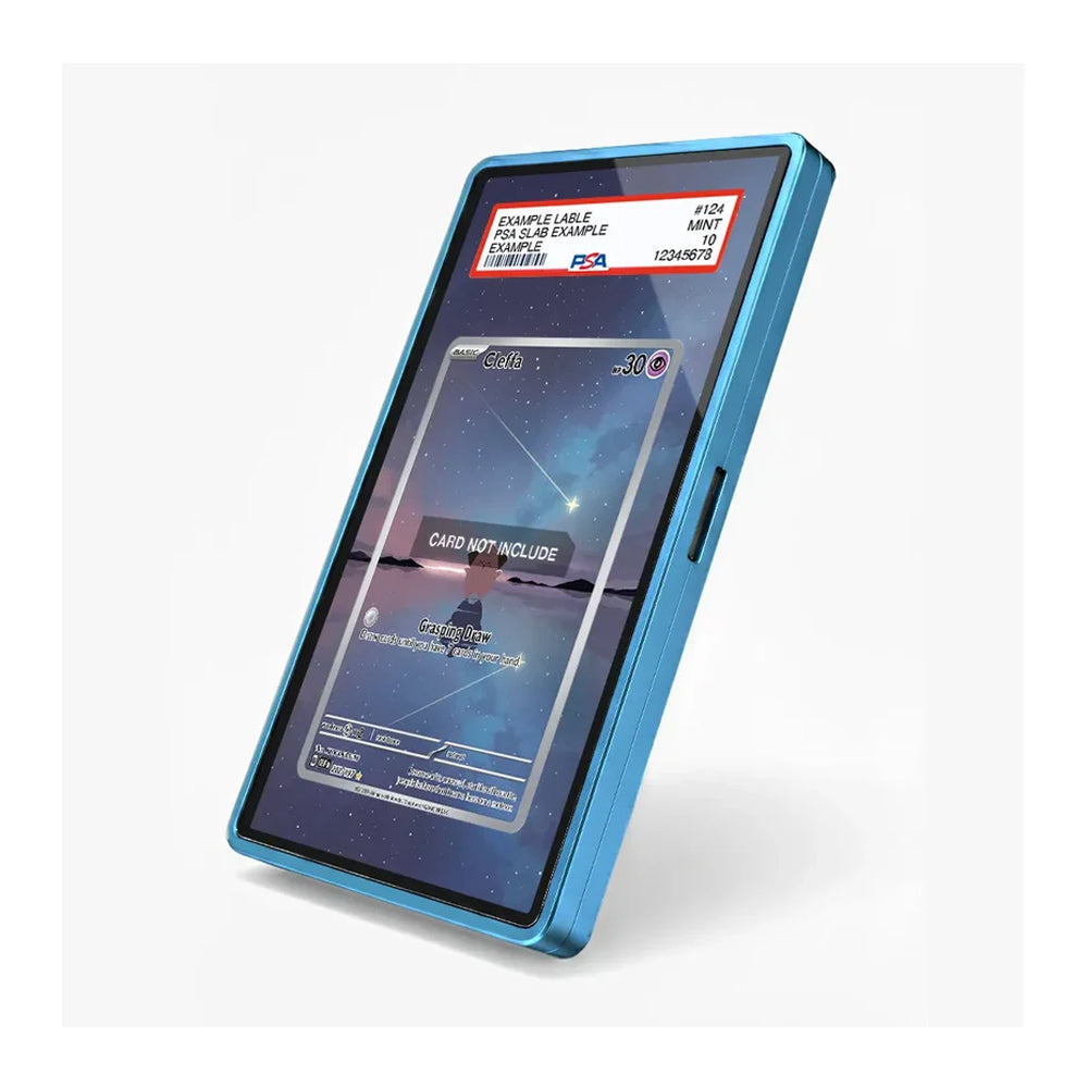 A blue metallic protective case for a credit card reader device, shown at an angle on a light gray background. The device screen displays sample card information.