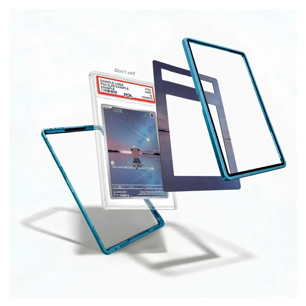 A set of transparent protective card cases with metallic teal-blue frames, shown floating around a graded PSA card slab on a clean white background.
