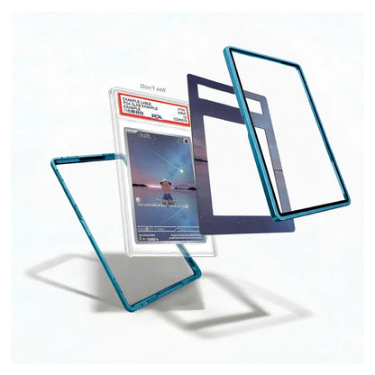 A set of transparent protective card cases with metallic teal-blue frames, shown floating around a graded PSA card slab on a clean white background.