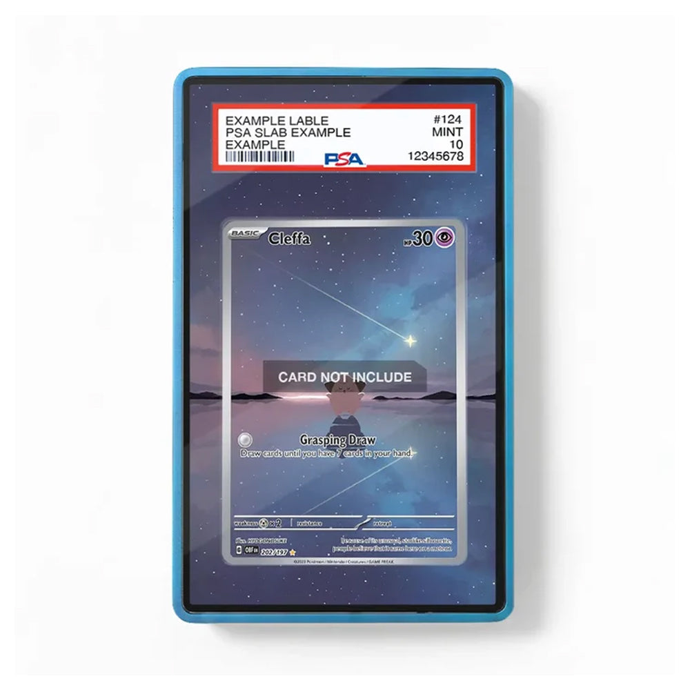 A PSA-graded sample Pokémon trading card slab on a white background. The slab has a blue border and a clear front showing a sample card with a 'CARD NOT INCLUDE' overlay and a red PSA label at the top with grading details.