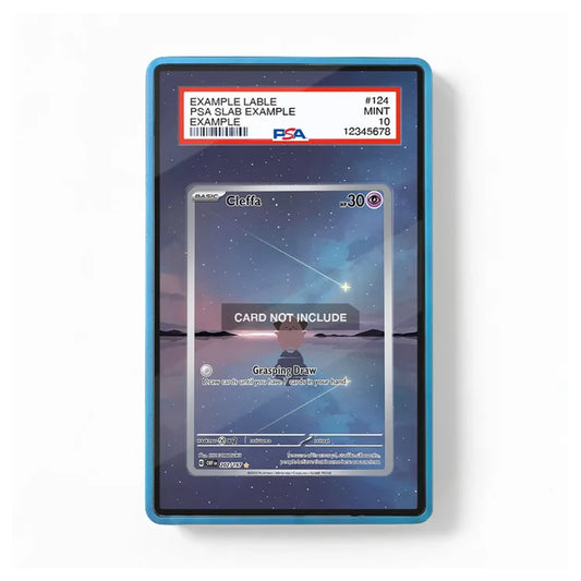 A PSA-graded sample Pokémon trading card slab on a white background. The slab has a blue border and a clear front showing a sample card with a 'CARD NOT INCLUDE' overlay and a red PSA label at the top with grading details.