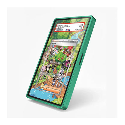 A green protective phone case shown at an angle on a light gray background, displaying a colorful Pokémon-themed screen wallpaper.