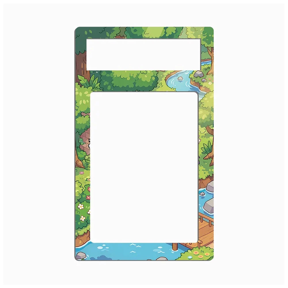 A rectangular decorative frame or mat with rounded corners, featuring a colorful cartoon forest border with green trees, a winding blue river, and a small bridge. The center and top sections are solid white.